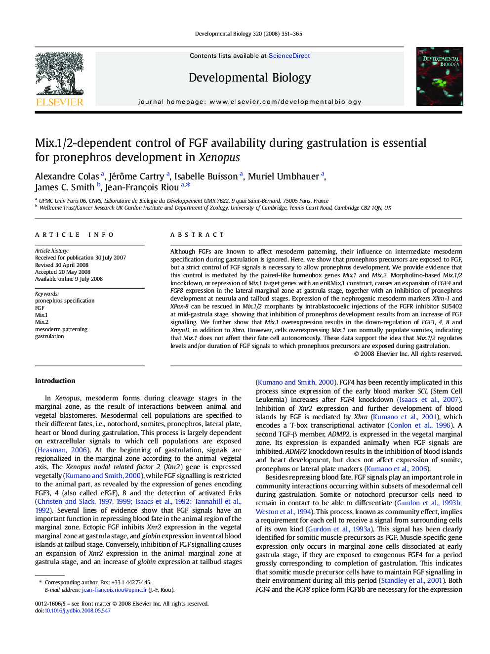 Mix.1/2-dependent control of FGF availability during gastrulation is essential for pronephros development in Xenopus