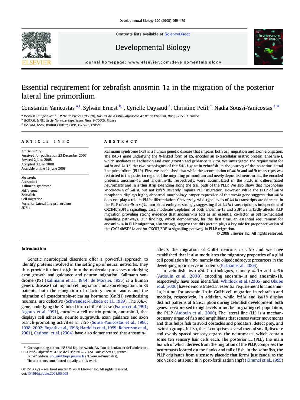 Essential requirement for zebrafish anosmin-1a in the migration of the posterior lateral line primordium