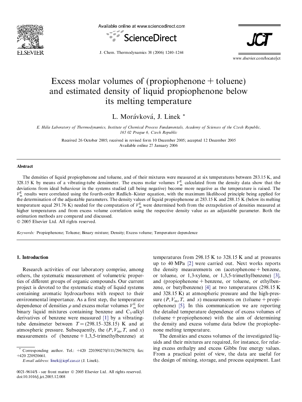 Excess molar volumes of (propiophenone + toluene) and estimated density of liquid propiophenone below its melting temperature