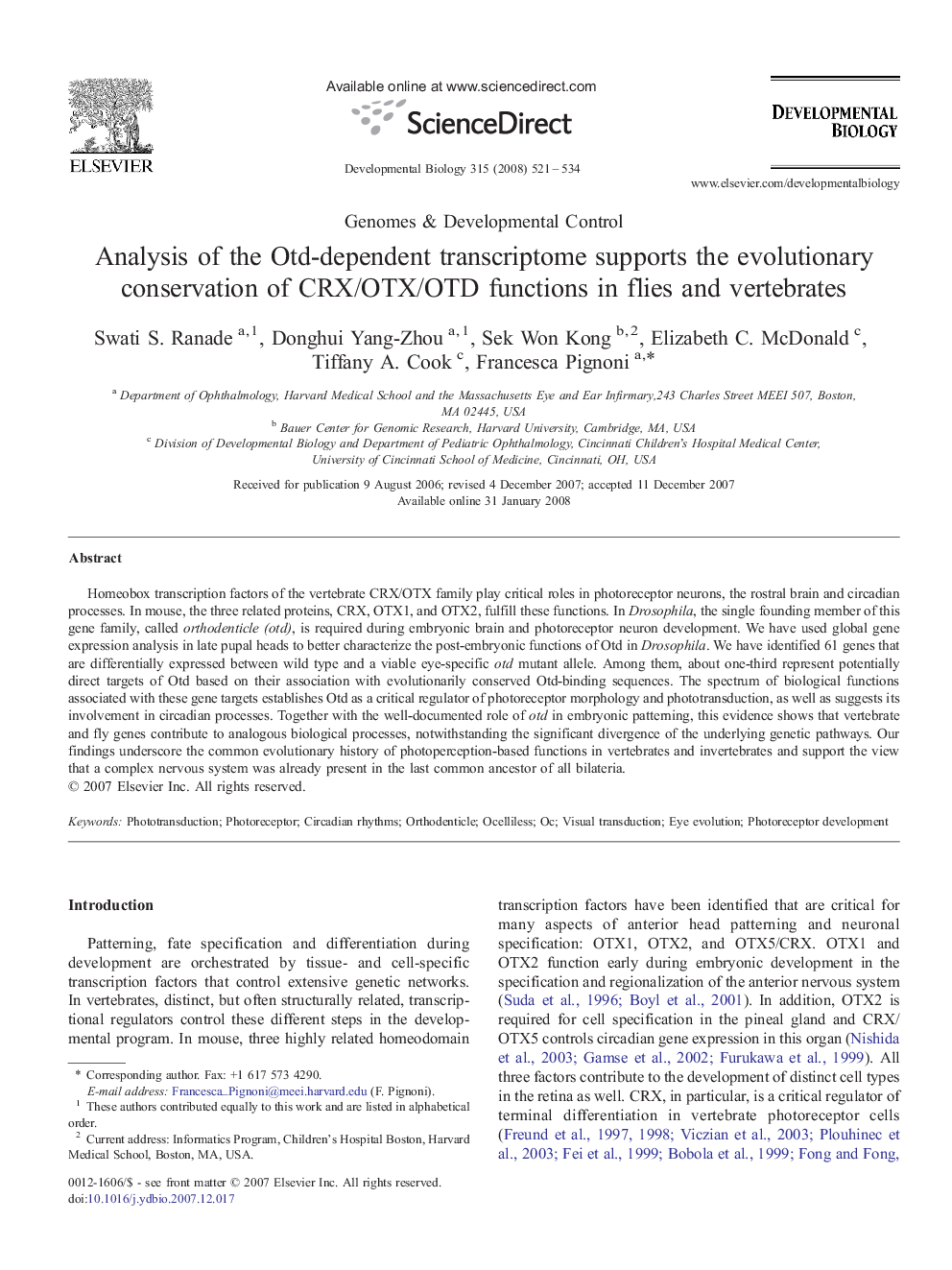 Analysis of the Otd-dependent transcriptome supports the evolutionary conservation of CRX/OTX/OTD functions in flies and vertebrates