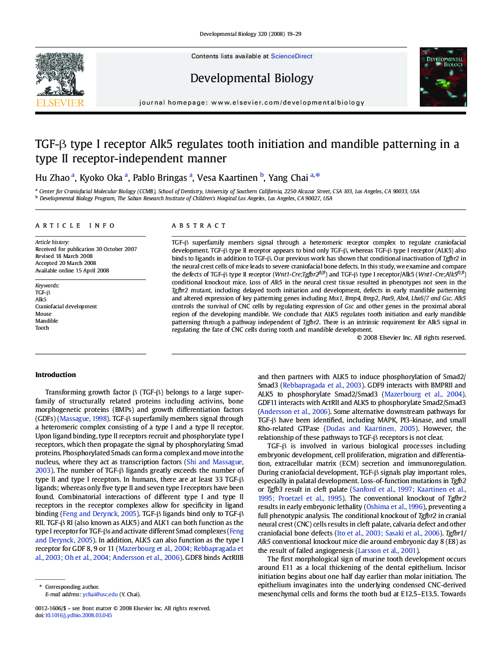 TGF-β type I receptor Alk5 regulates tooth initiation and mandible patterning in a type II receptor-independent manner