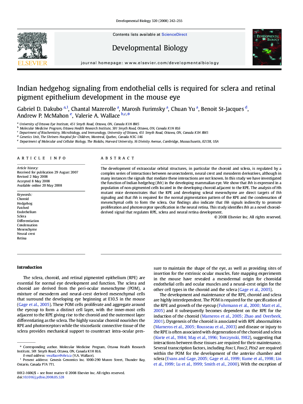 Indian hedgehog signaling from endothelial cells is required for sclera and retinal pigment epithelium development in the mouse eye