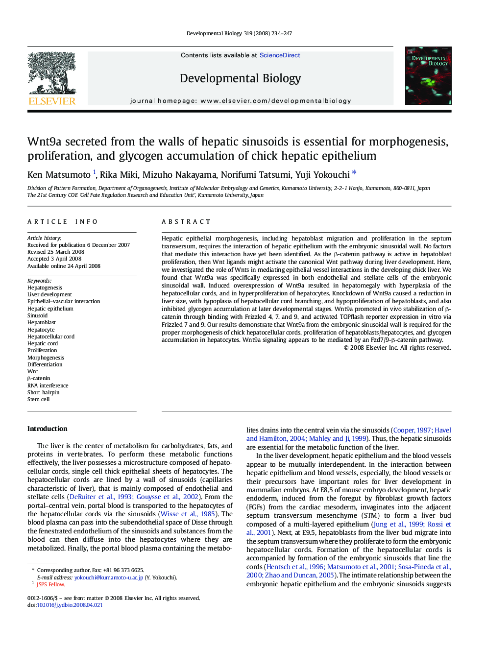 Wnt9a secreted from the walls of hepatic sinusoids is essential for morphogenesis, proliferation, and glycogen accumulation of chick hepatic epithelium