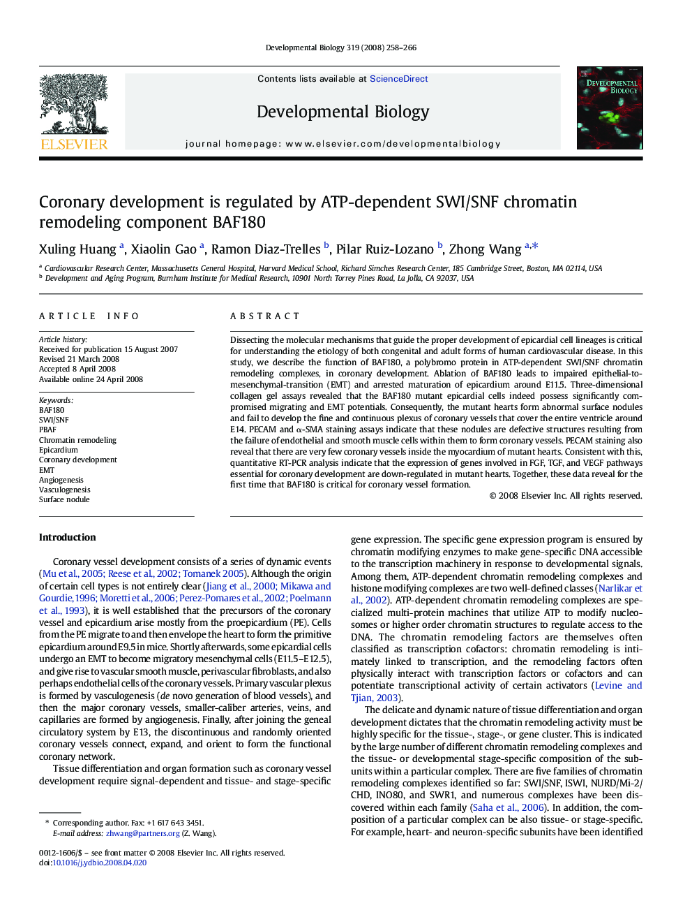 Coronary development is regulated by ATP-dependent SWI/SNF chromatin remodeling component BAF180