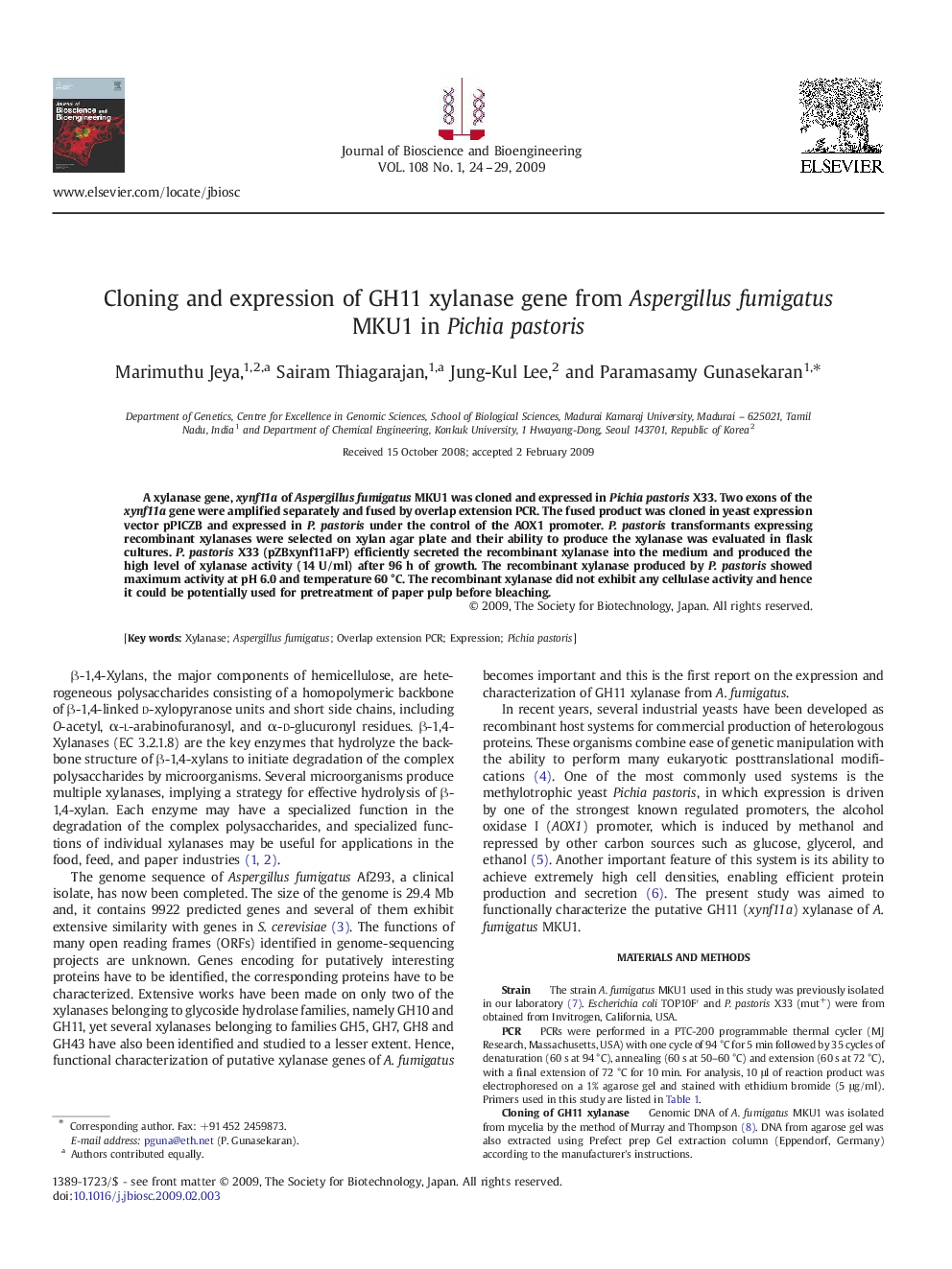 Cloning and expression of GH11 xylanase gene from Aspergillus fumigatus MKU1 in Pichia pastoris