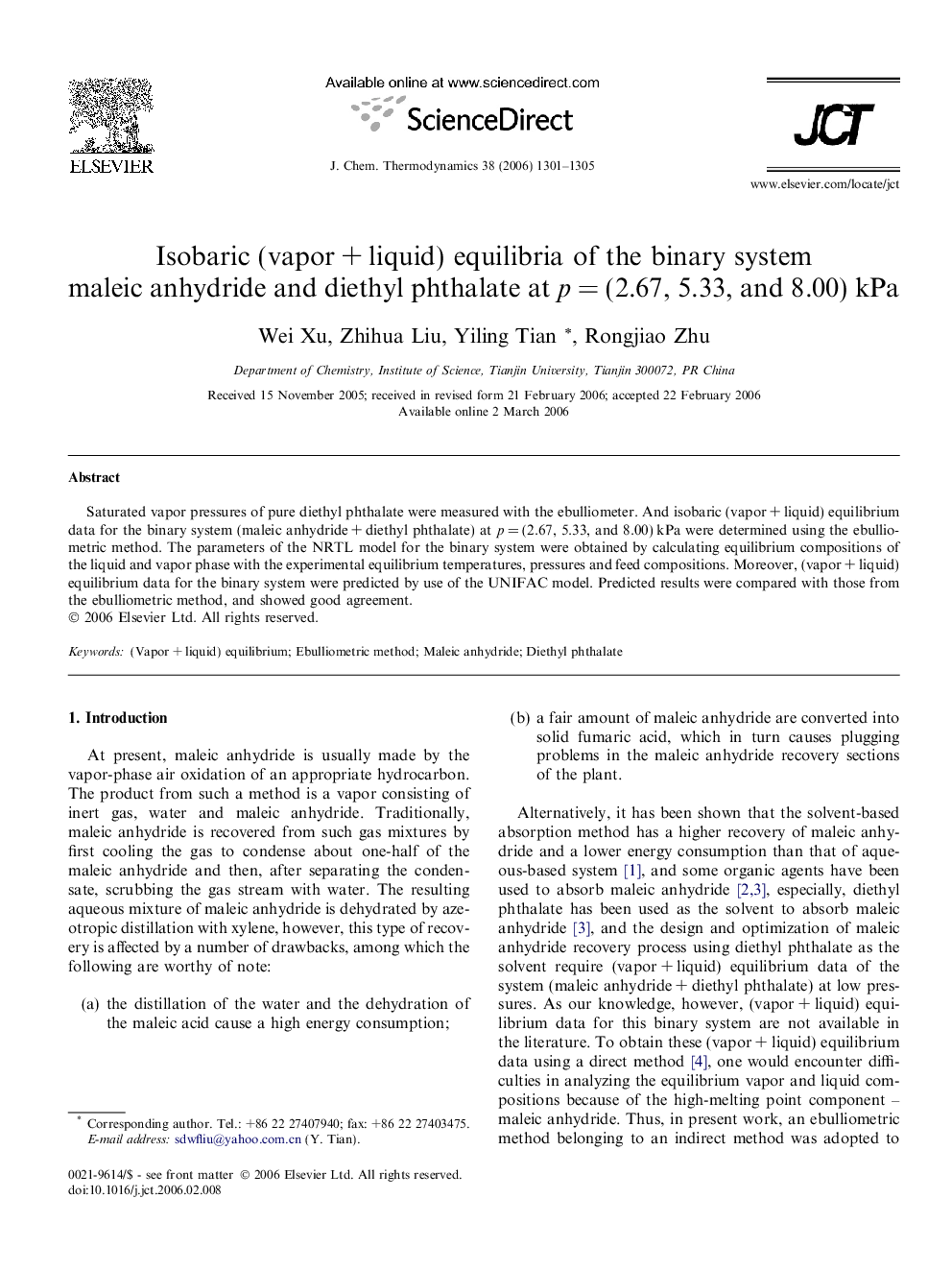 Isobaric (vapor + liquid) equilibria of the binary system maleic anhydride and diethyl phthalate at p = (2.67, 5.33, and 8.00) kPa