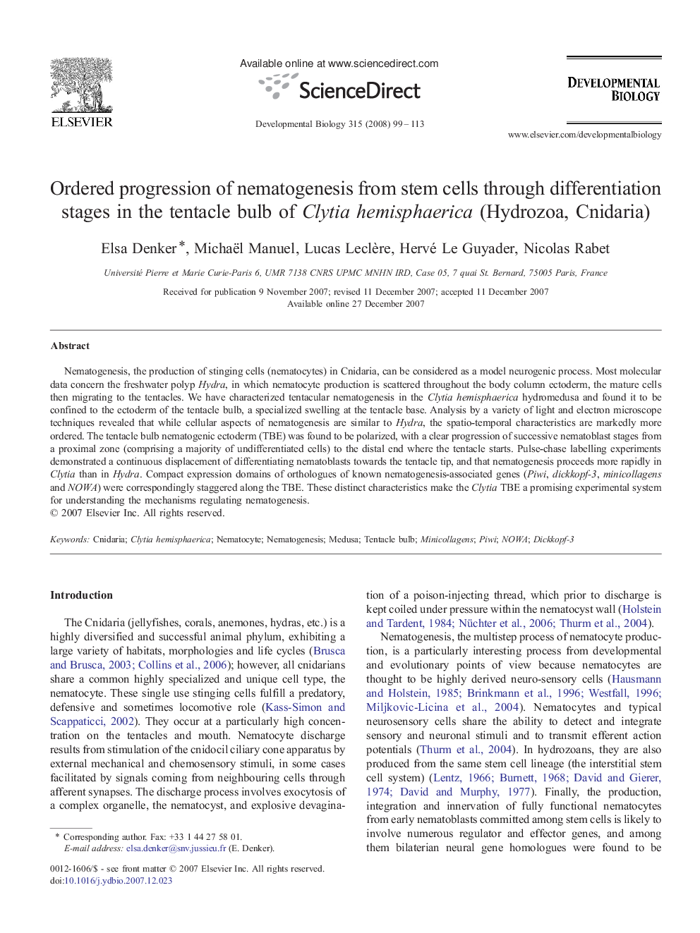 Ordered progression of nematogenesis from stem cells through differentiation stages in the tentacle bulb of Clytia hemisphaerica (Hydrozoa, Cnidaria)