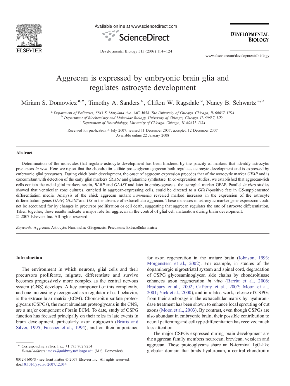 Aggrecan is expressed by embryonic brain glia and regulates astrocyte development