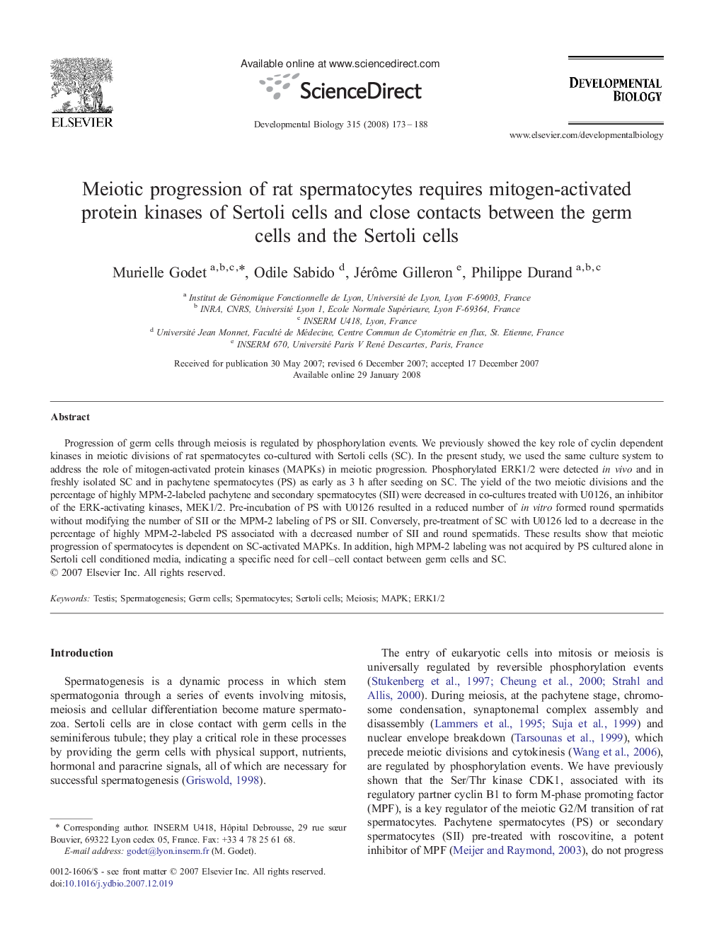 Meiotic progression of rat spermatocytes requires mitogen-activated protein kinases of Sertoli cells and close contacts between the germ cells and the Sertoli cells