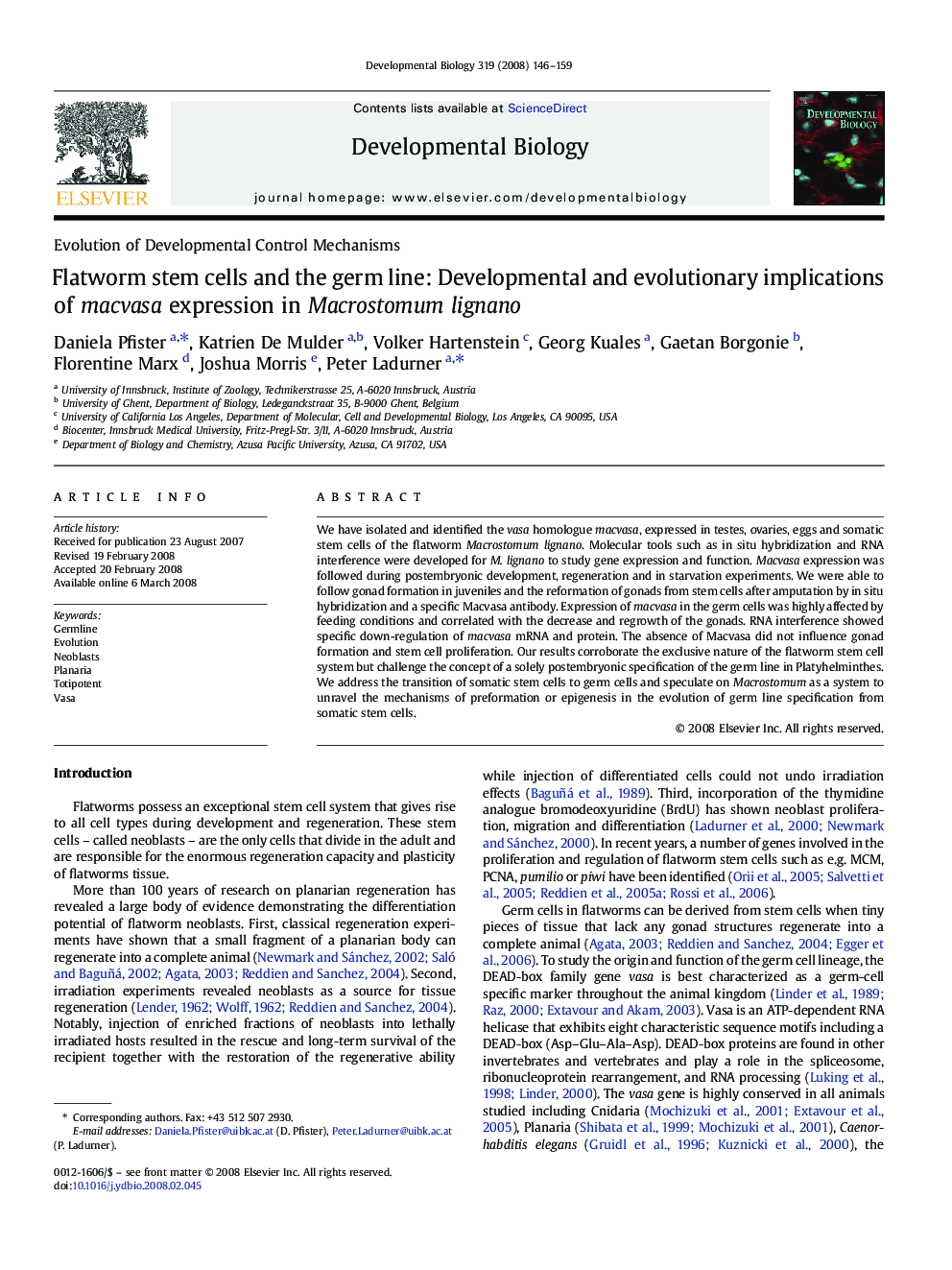 Flatworm stem cells and the germ line: Developmental and evolutionary implications of macvasa expression in Macrostomum lignano