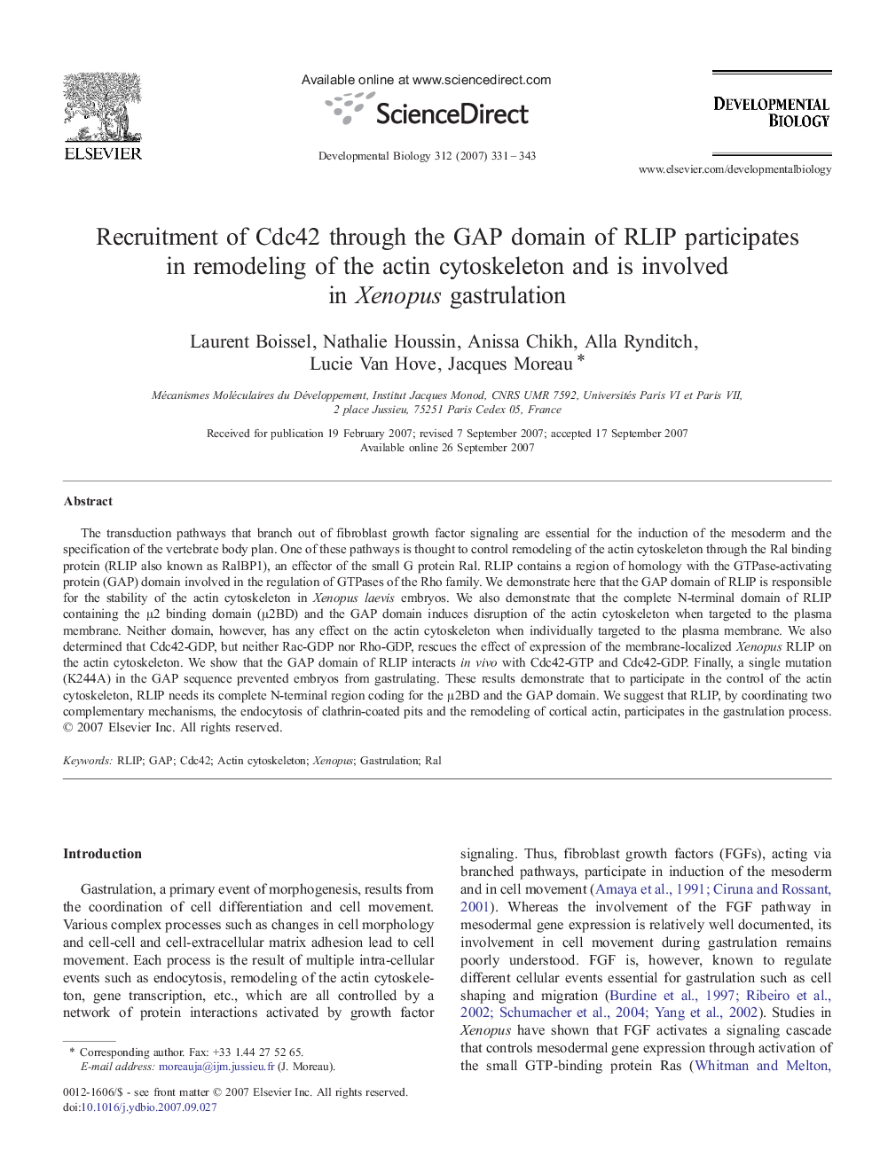 Recruitment of Cdc42 through the GAP domain of RLIP participates in remodeling of the actin cytoskeleton and is involved in Xenopus gastrulation