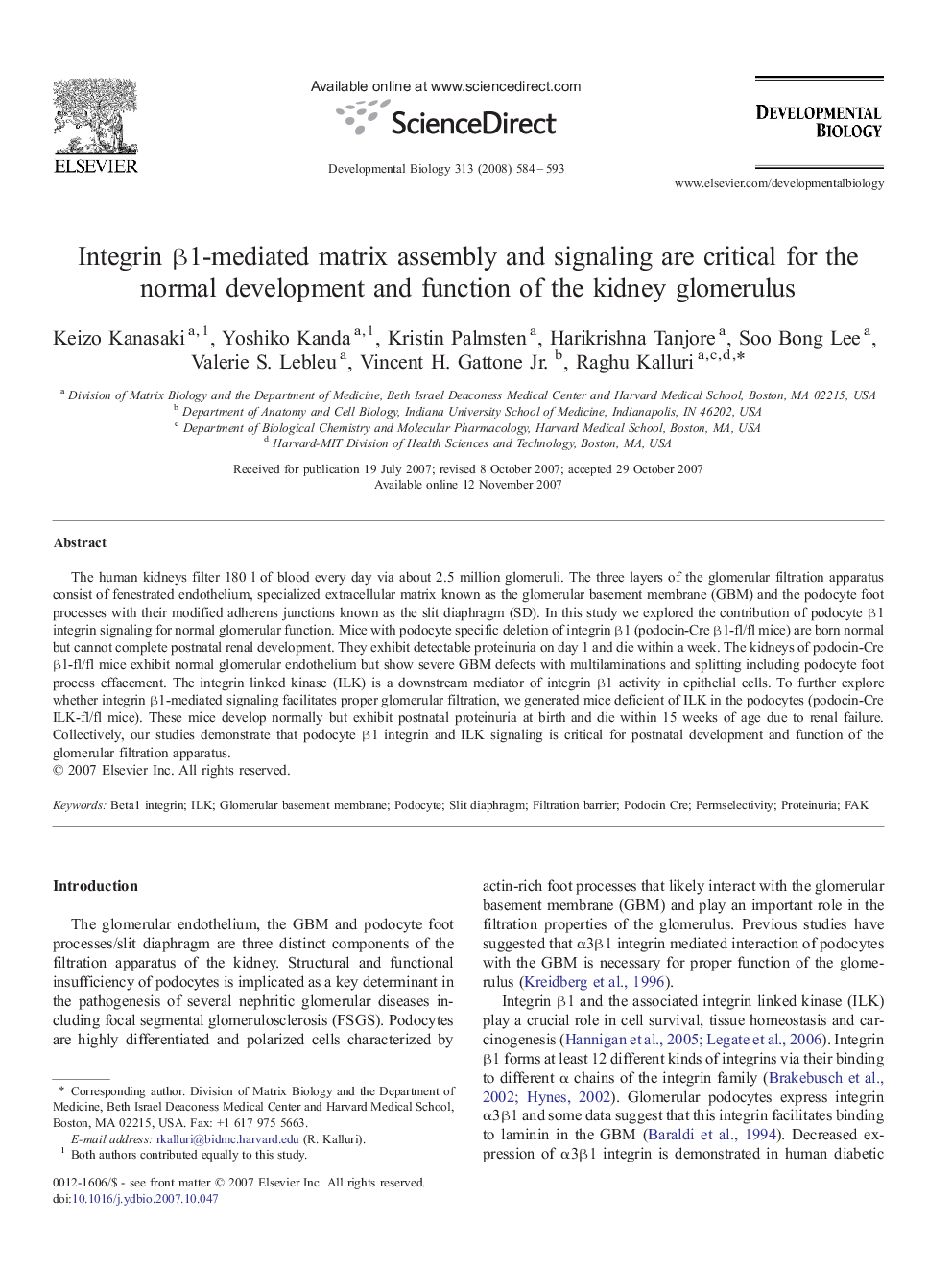 Integrin β1-mediated matrix assembly and signaling are critical for the normal development and function of the kidney glomerulus