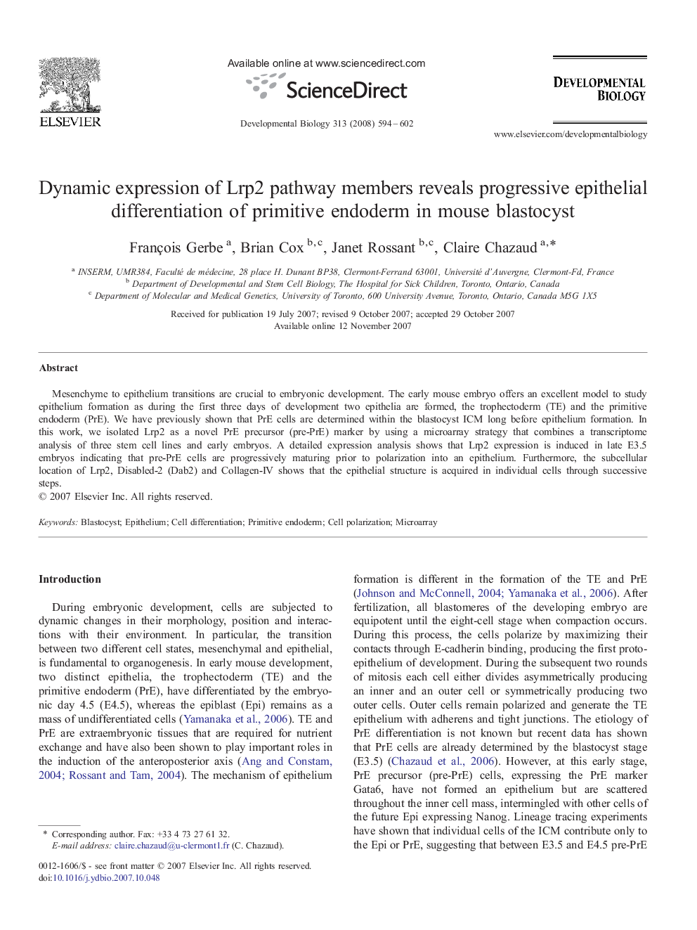 Dynamic expression of Lrp2 pathway members reveals progressive epithelial differentiation of primitive endoderm in mouse blastocyst