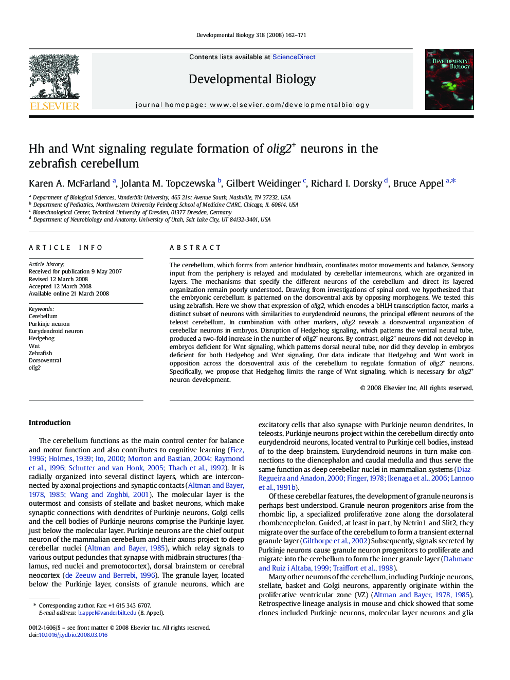 Hh and Wnt signaling regulate formation of olig2+ neurons in the zebrafish cerebellum