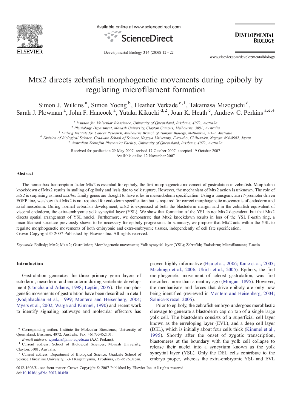 Mtx2 directs zebrafish morphogenetic movements during epiboly by regulating microfilament formation