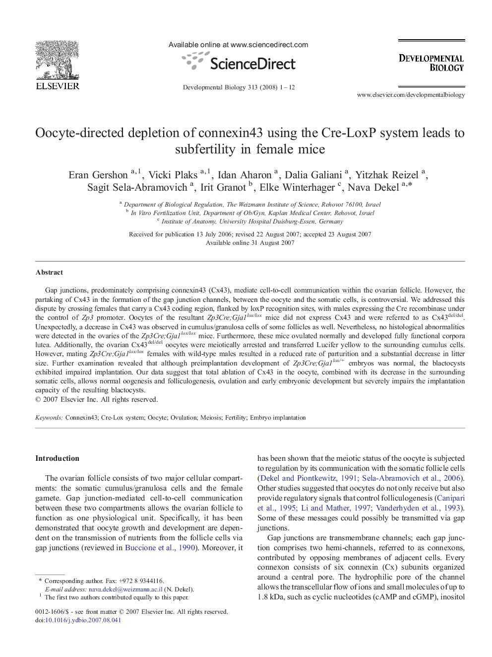 Oocyte-directed depletion of connexin43 using the Cre-LoxP system leads to subfertility in female mice