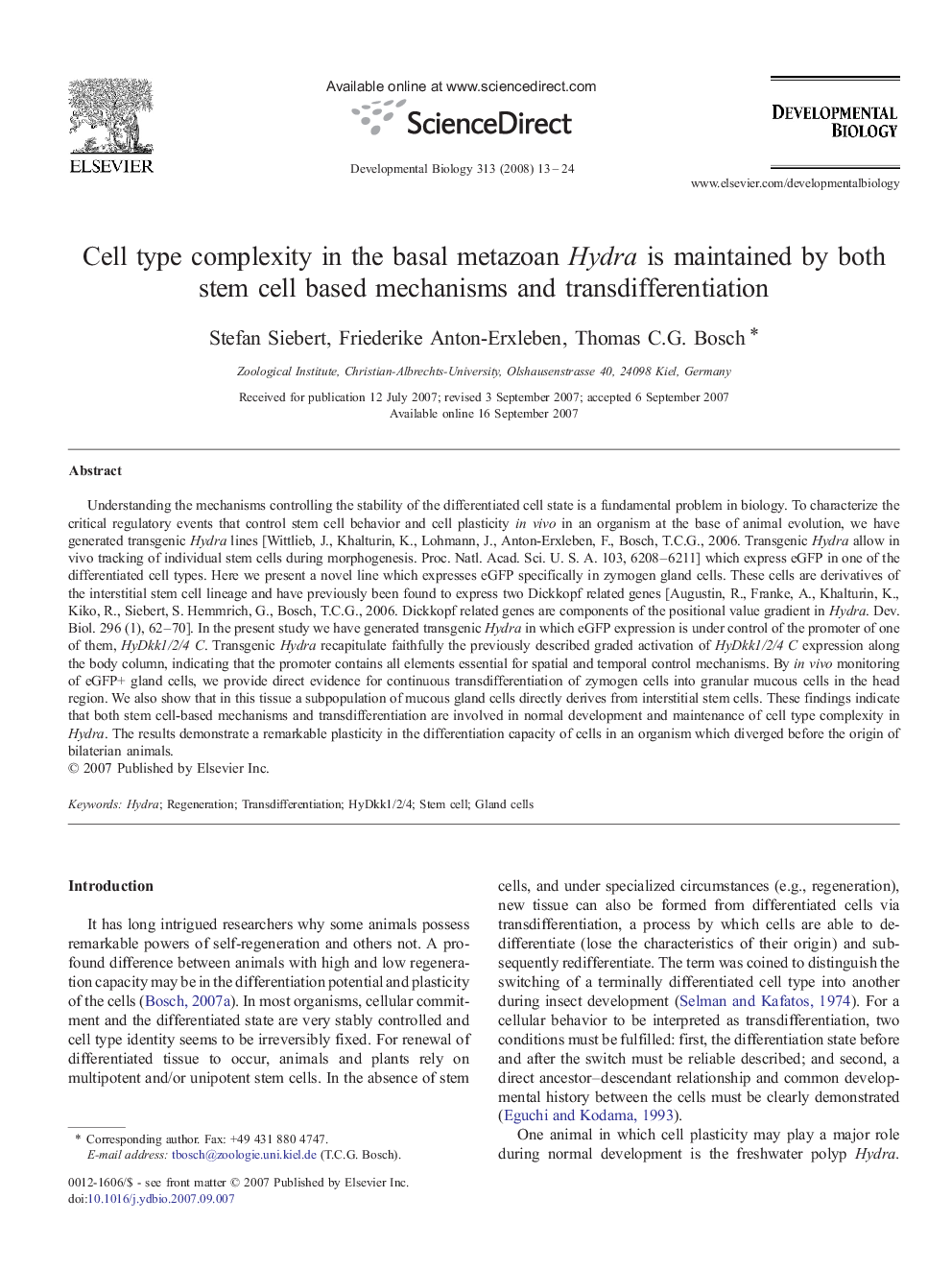 Cell type complexity in the basal metazoan Hydra is maintained by both stem cell based mechanisms and transdifferentiation