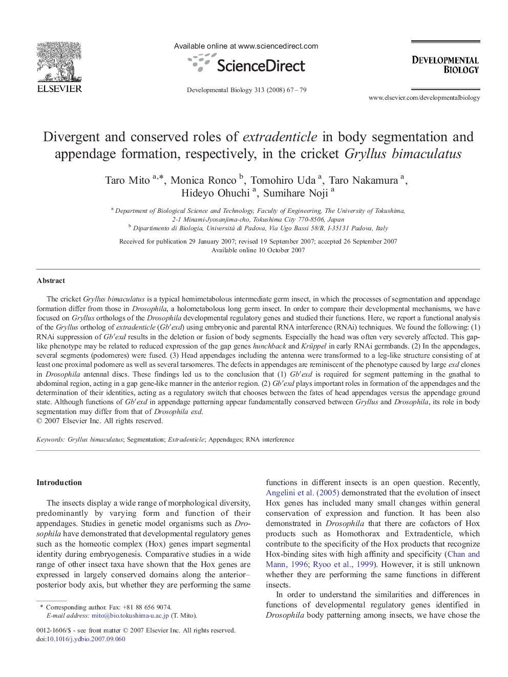 Divergent and conserved roles of extradenticle in body segmentation and appendage formation, respectively, in the cricket Gryllus bimaculatus