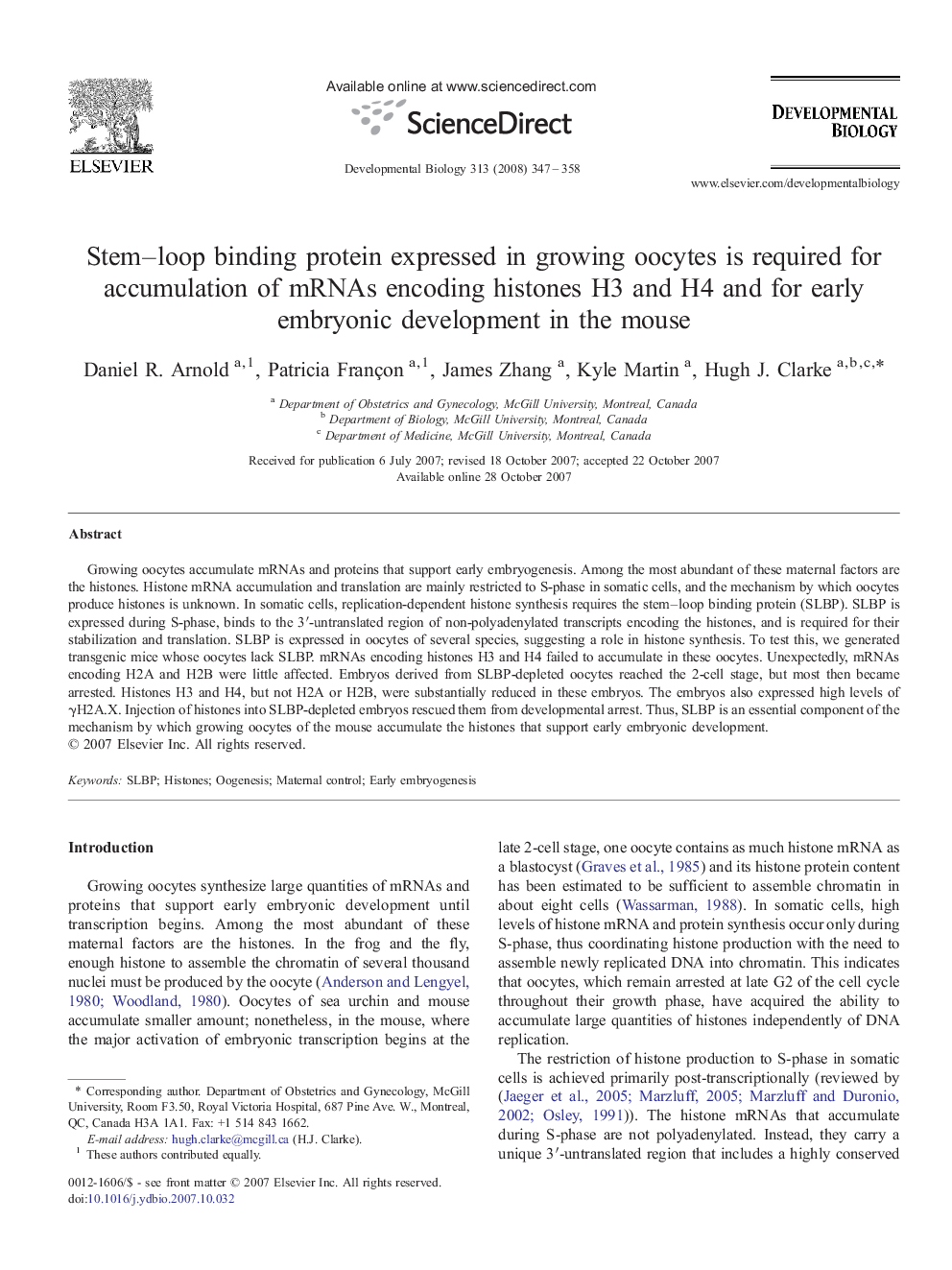 Stem–loop binding protein expressed in growing oocytes is required for accumulation of mRNAs encoding histones H3 and H4 and for early embryonic development in the mouse