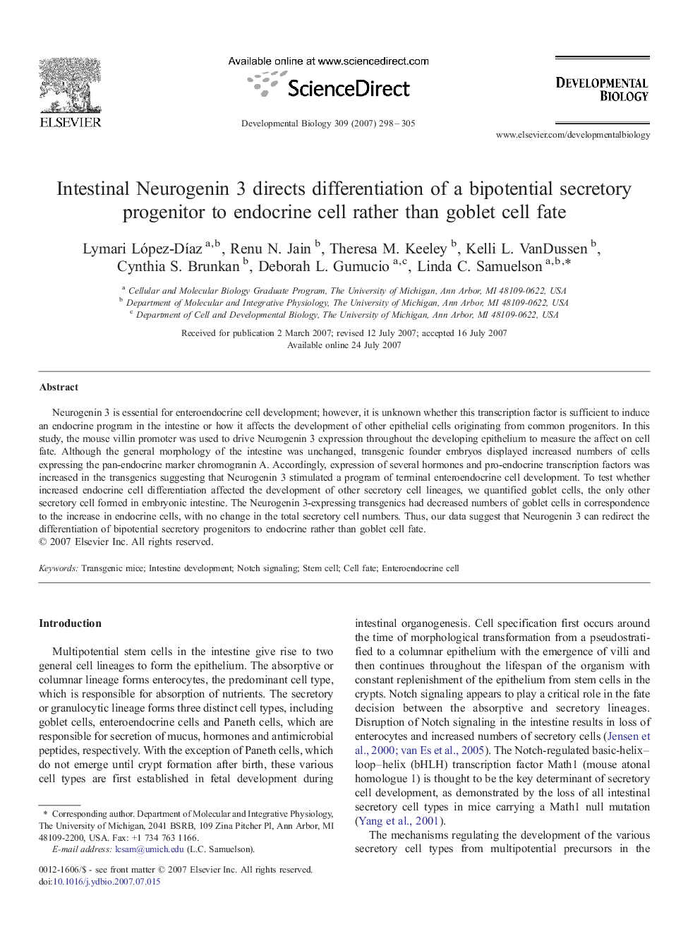 Intestinal Neurogenin 3 directs differentiation of a bipotential secretory progenitor to endocrine cell rather than goblet cell fate