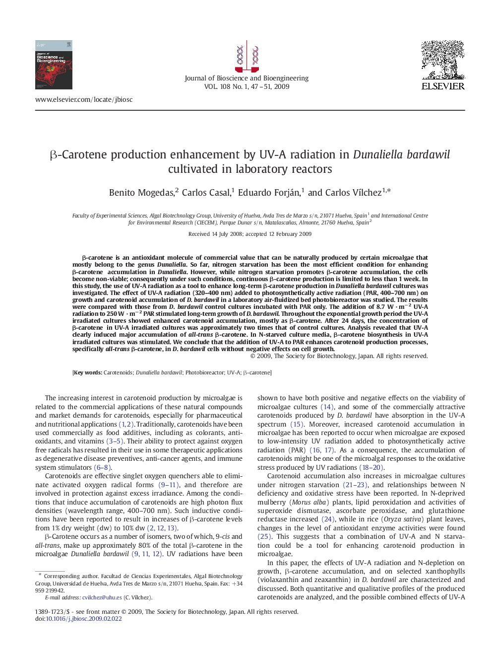 β-Carotene production enhancement by UV-A radiation in Dunaliella bardawil cultivated in laboratory reactors