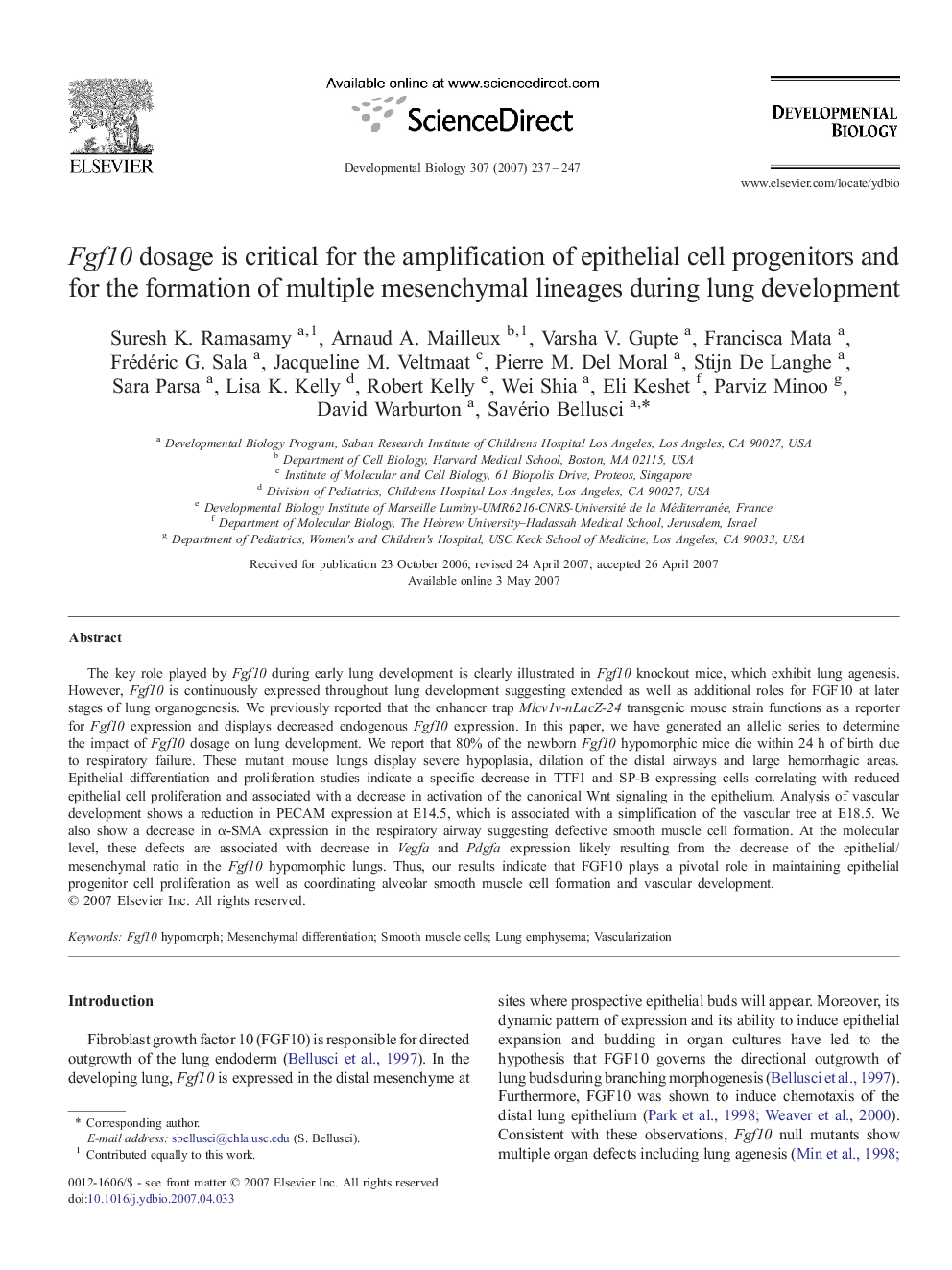 Fgf10 dosage is critical for the amplification of epithelial cell progenitors and for the formation of multiple mesenchymal lineages during lung development