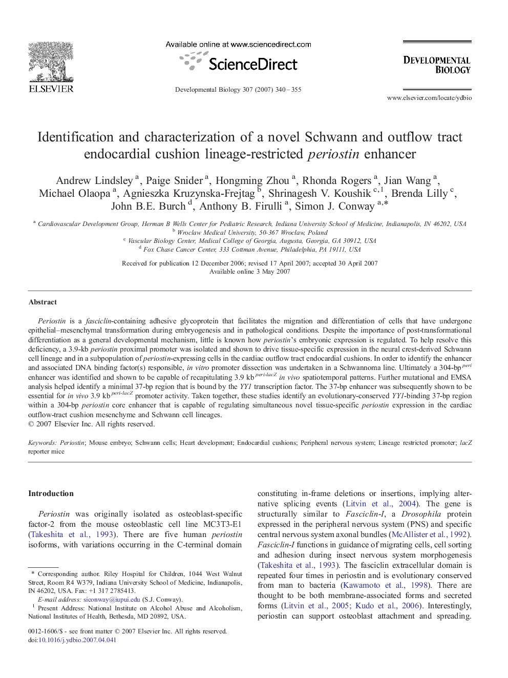 Identification and characterization of a novel Schwann and outflow tract endocardial cushion lineage-restricted periostin enhancer