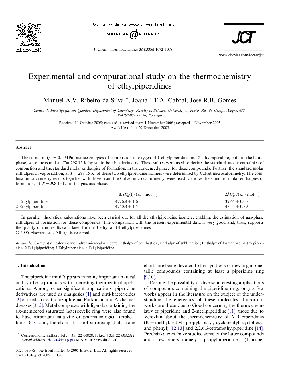 Experimental and computational study on the thermochemistry of ethylpiperidines