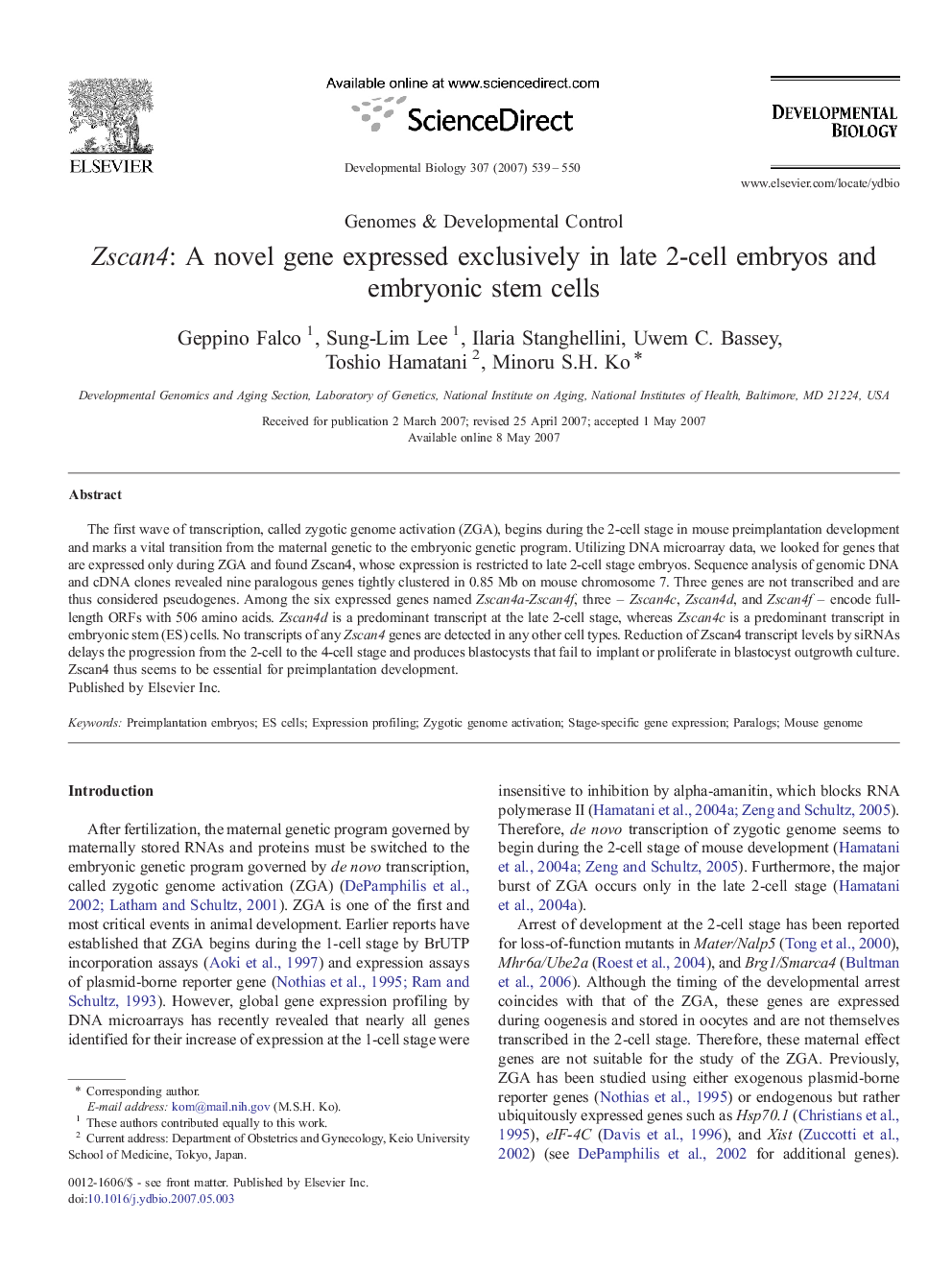 Zscan4: A novel gene expressed exclusively in late 2-cell embryos and embryonic stem cells