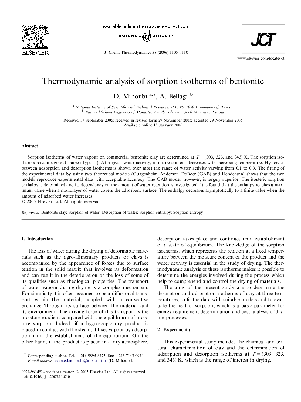 Thermodynamic analysis of sorption isotherms of bentonite