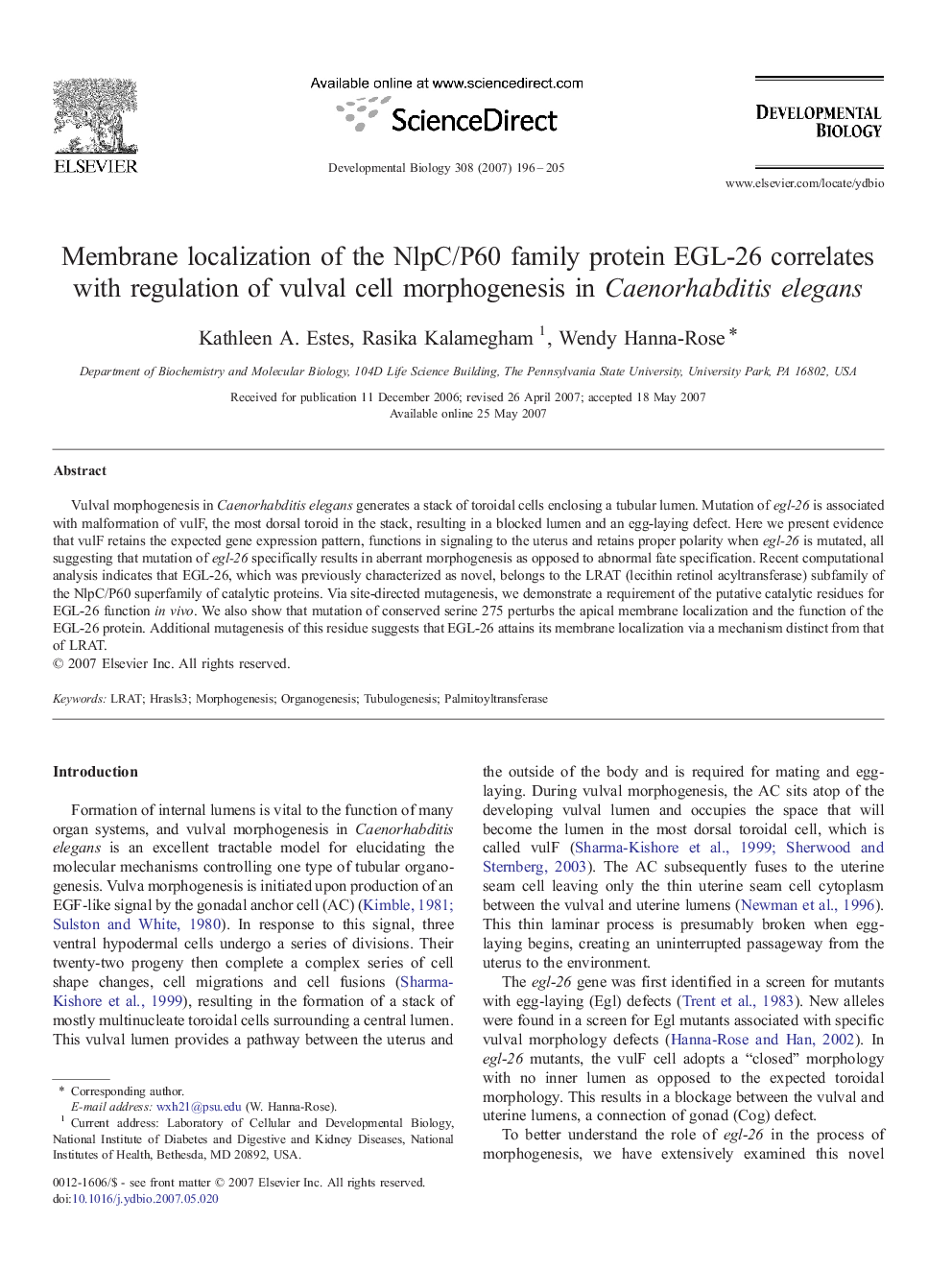 Membrane localization of the NlpC/P60 family protein EGL-26 correlates with regulation of vulval cell morphogenesis in Caenorhabditis elegans