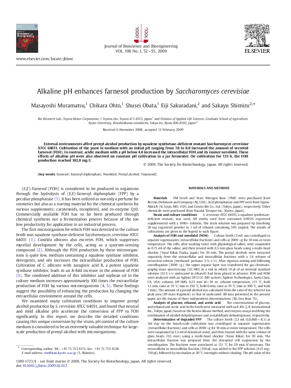 Alkaline pH enhances farnesol production by Saccharomyces cerevisiae