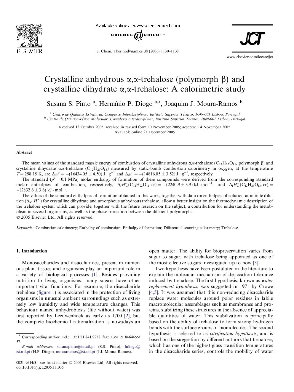 Crystalline anhydrous α,α-trehalose (polymorph β) and crystalline dihydrate α,α-trehalose: A calorimetric study