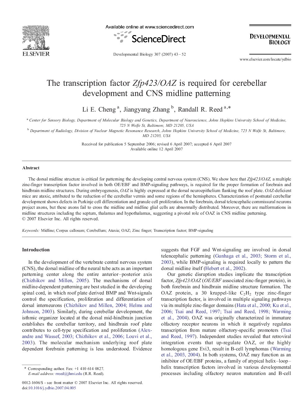 The transcription factor Zfp423/OAZ is required for cerebellar development and CNS midline patterning