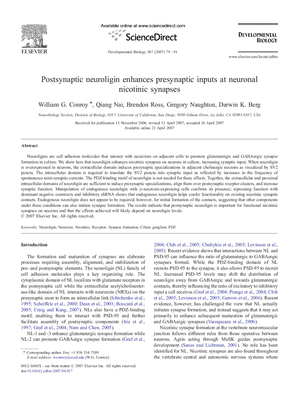 Postsynaptic neuroligin enhances presynaptic inputs at neuronal nicotinic synapses