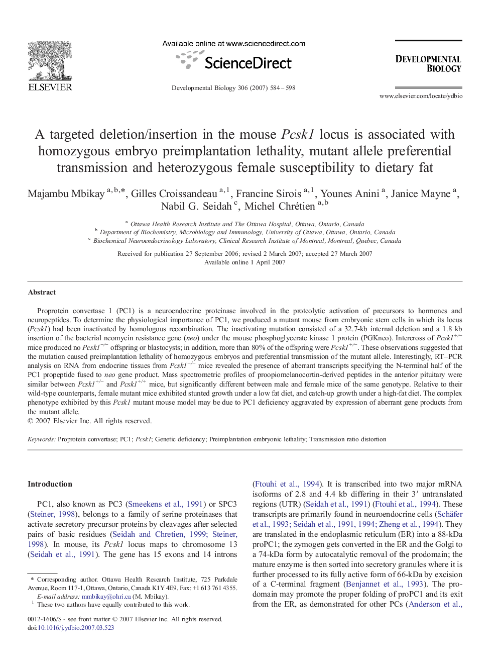 A targeted deletion/insertion in the mouse Pcsk1 locus is associated with homozygous embryo preimplantation lethality, mutant allele preferential transmission and heterozygous female susceptibility to dietary fat