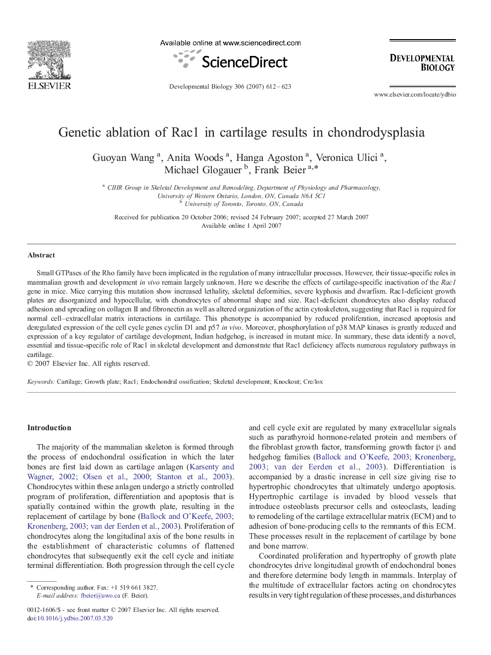 Genetic ablation of Rac1 in cartilage results in chondrodysplasia