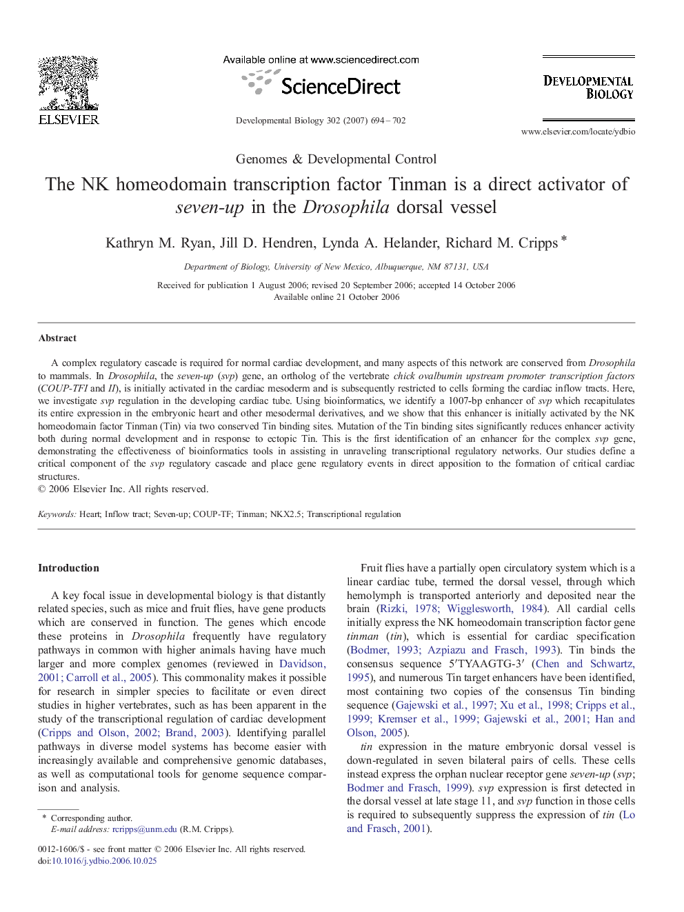 The NK homeodomain transcription factor Tinman is a direct activator of seven-up in the Drosophila dorsal vessel