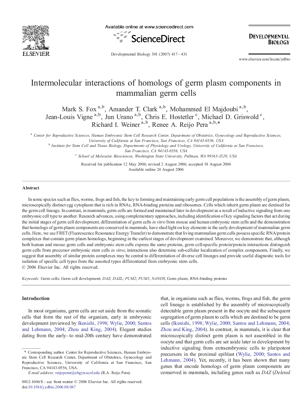 Intermolecular interactions of homologs of germ plasm components in mammalian germ cells