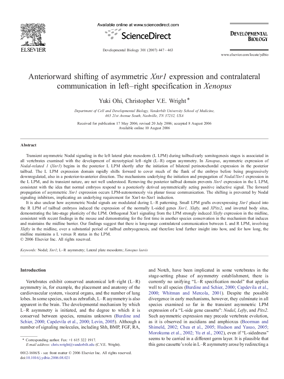 Anteriorward shifting of asymmetric Xnr1 expression and contralateral communication in left–right specification in Xenopus