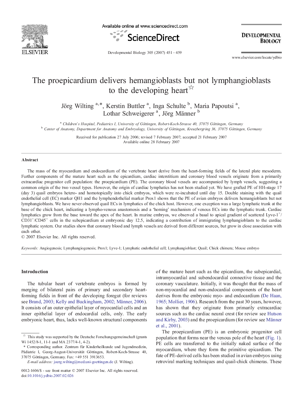 The proepicardium delivers hemangioblasts but not lymphangioblasts to the developing heart 