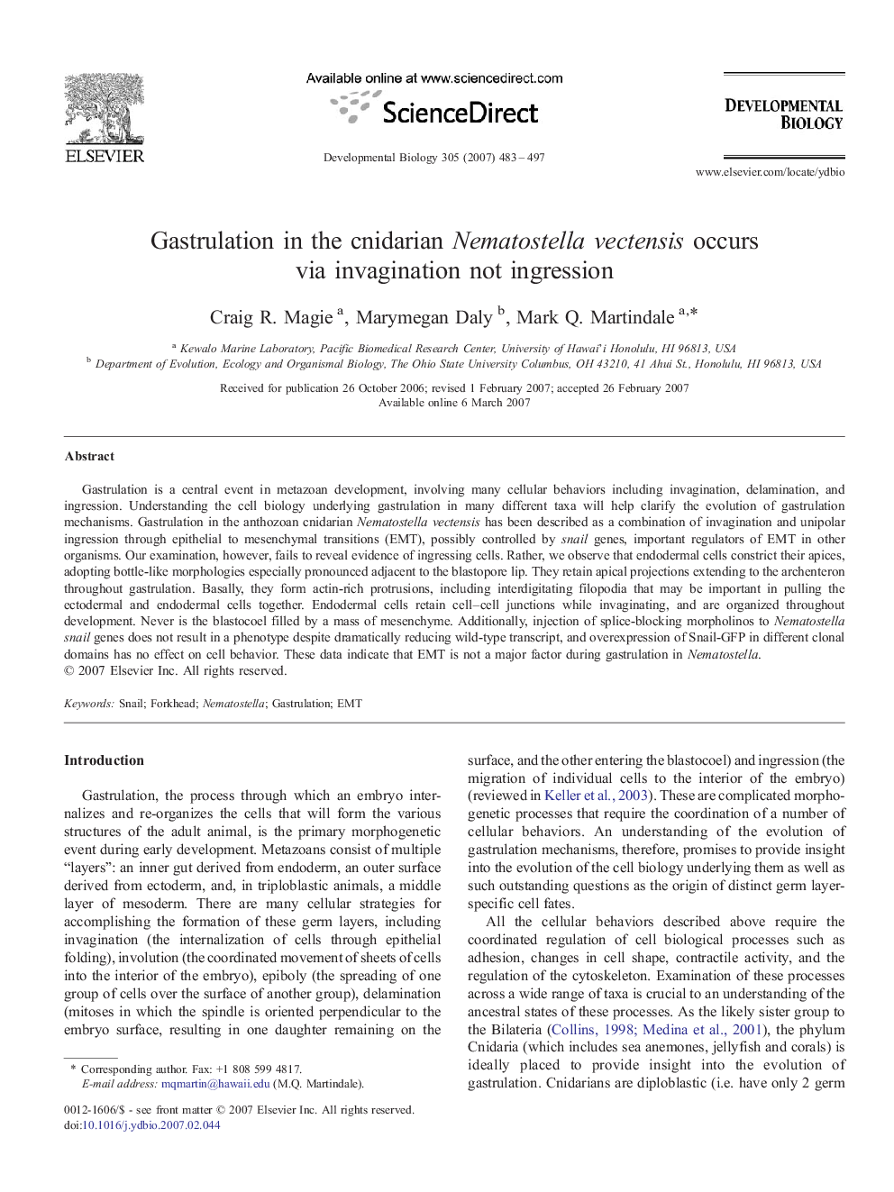 Gastrulation in the cnidarian Nematostella vectensis occurs via invagination not ingression