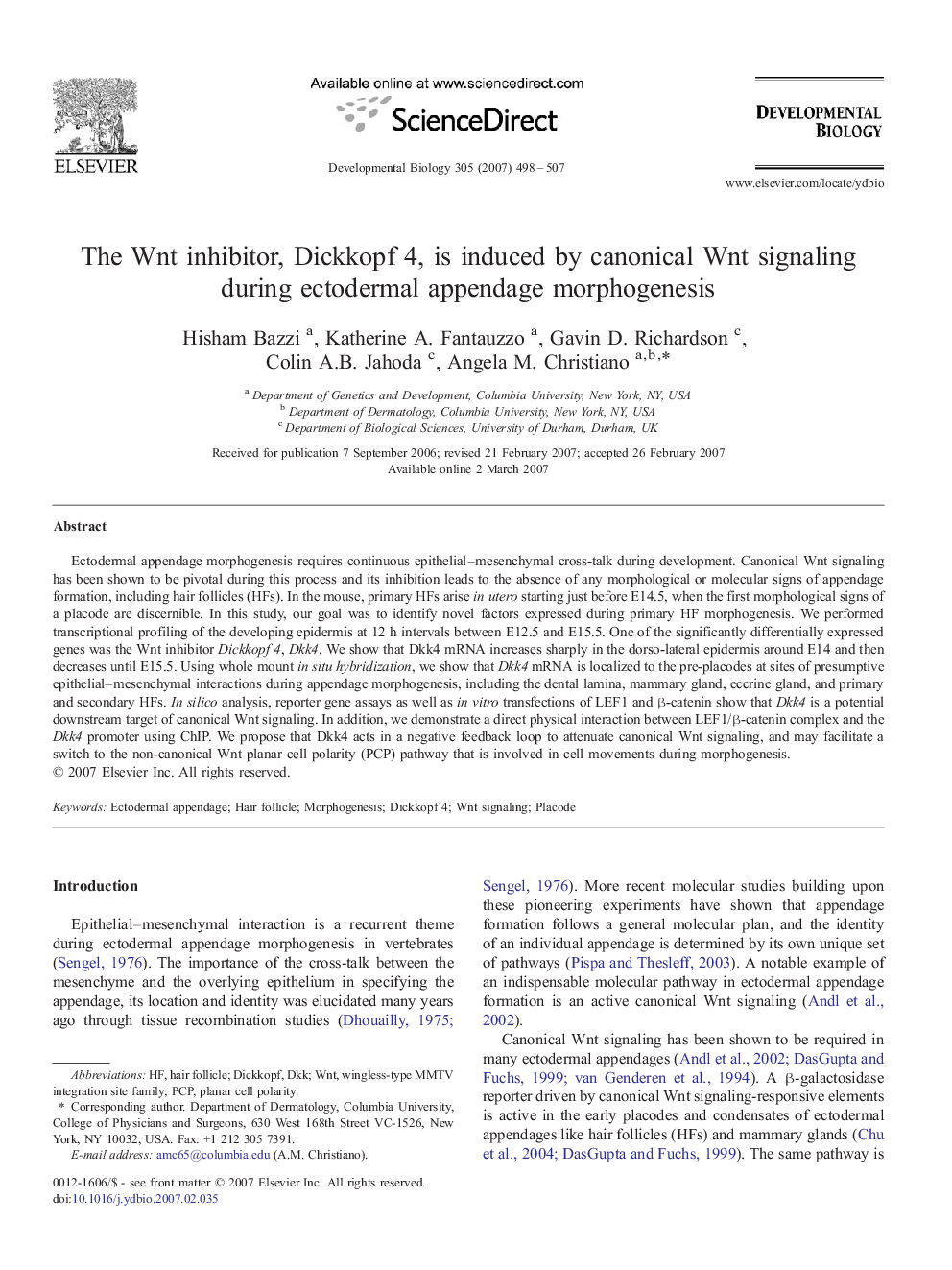 The Wnt inhibitor, Dickkopf 4, is induced by canonical Wnt signaling during ectodermal appendage morphogenesis