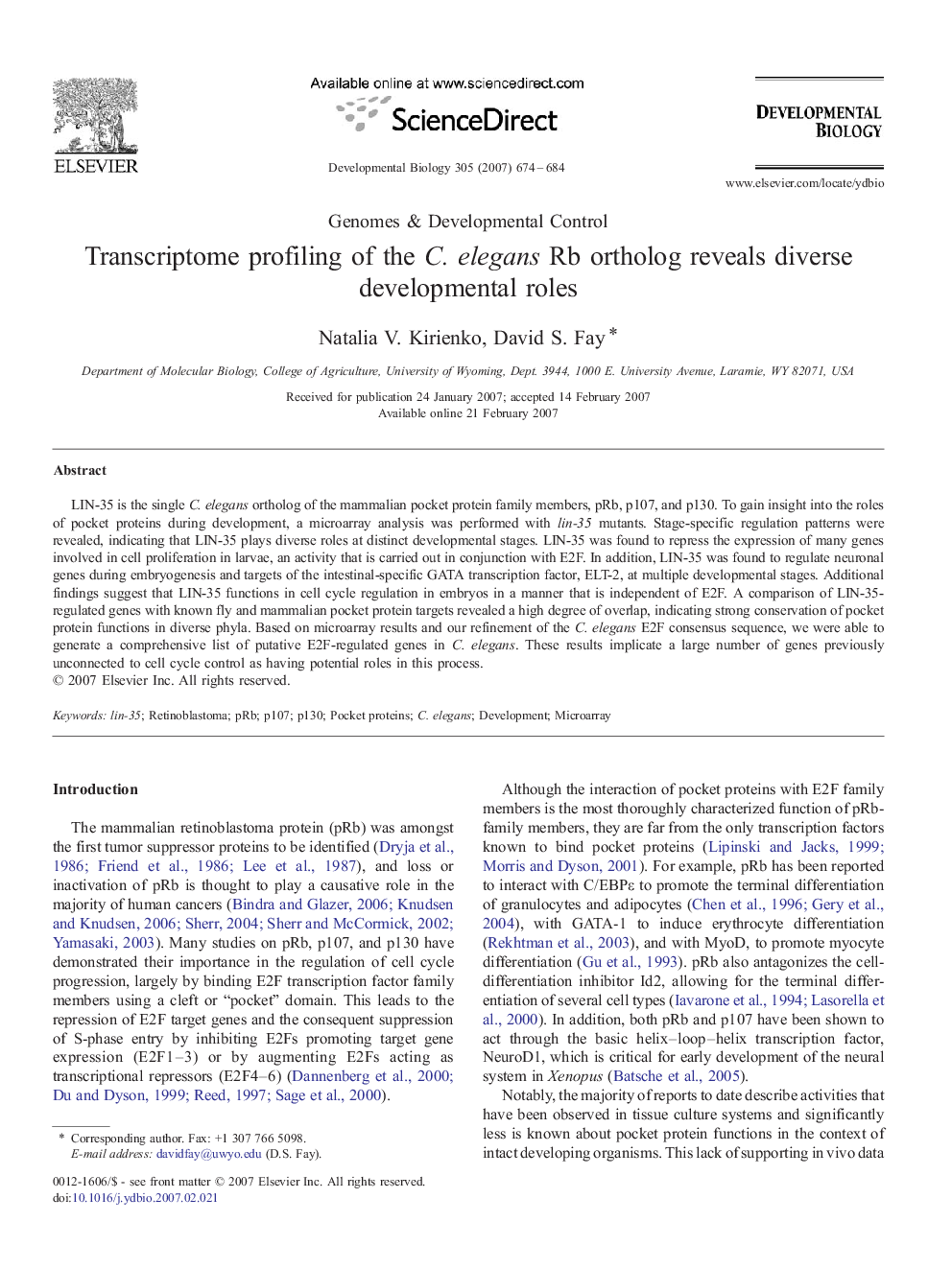 Transcriptome profiling of the C. elegans Rb ortholog reveals diverse developmental roles