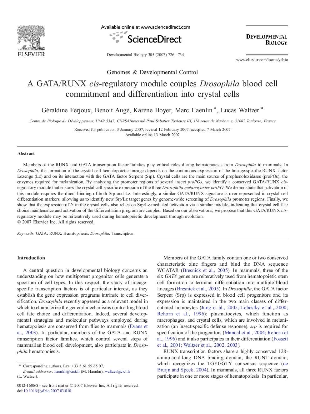 A GATA/RUNX cis-regulatory module couples Drosophila blood cell commitment and differentiation into crystal cells