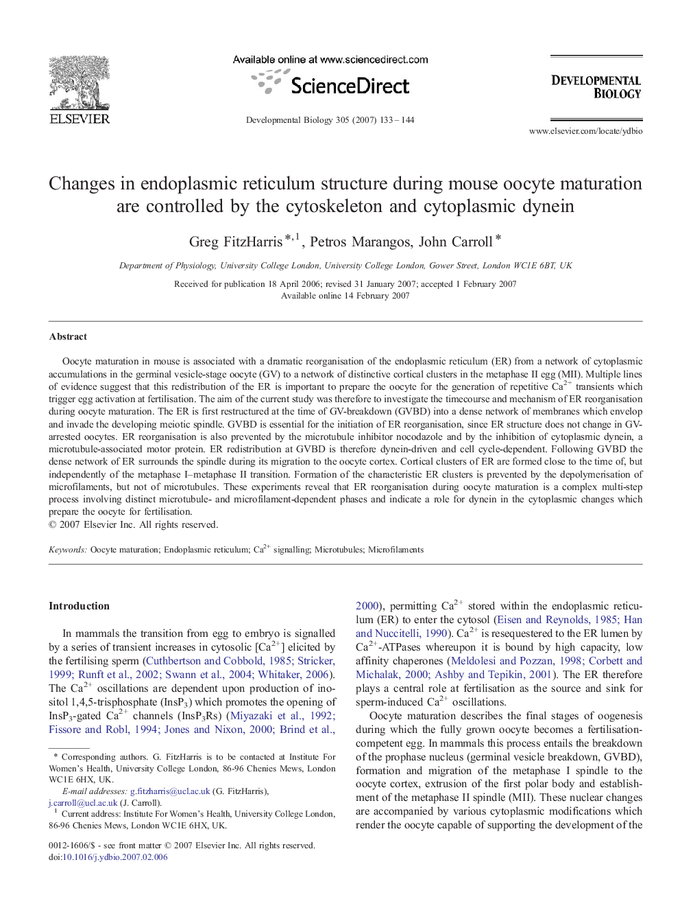 Changes in endoplasmic reticulum structure during mouse oocyte maturation are controlled by the cytoskeleton and cytoplasmic dynein