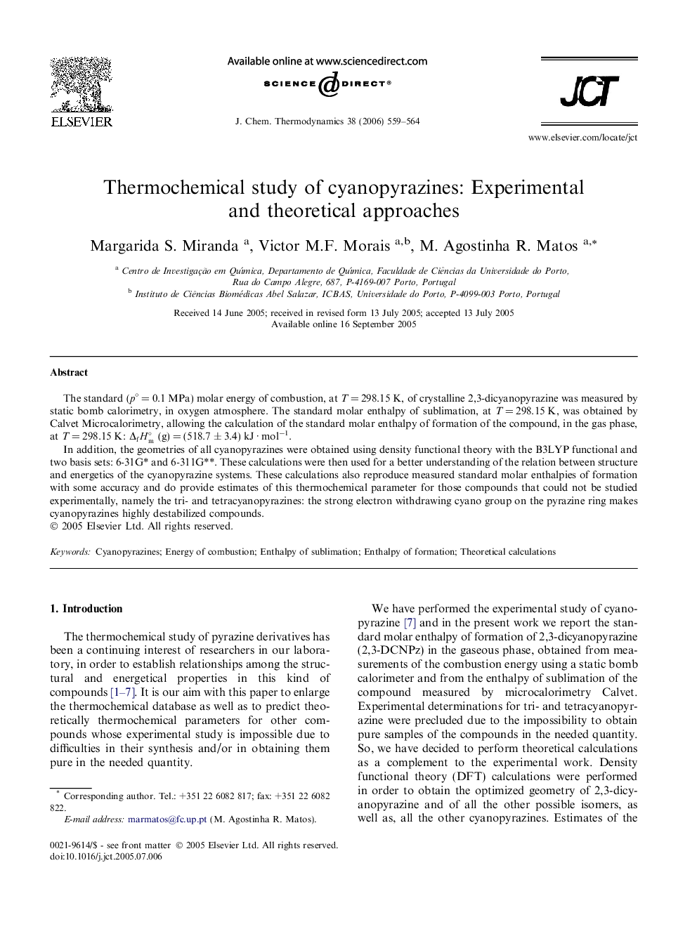 Thermochemical study of cyanopyrazines: Experimental and theoretical approaches