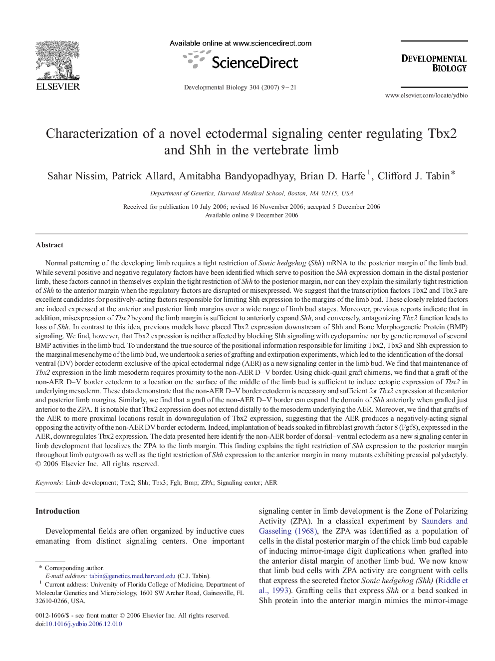 Characterization of a novel ectodermal signaling center regulating Tbx2 and Shh in the vertebrate limb