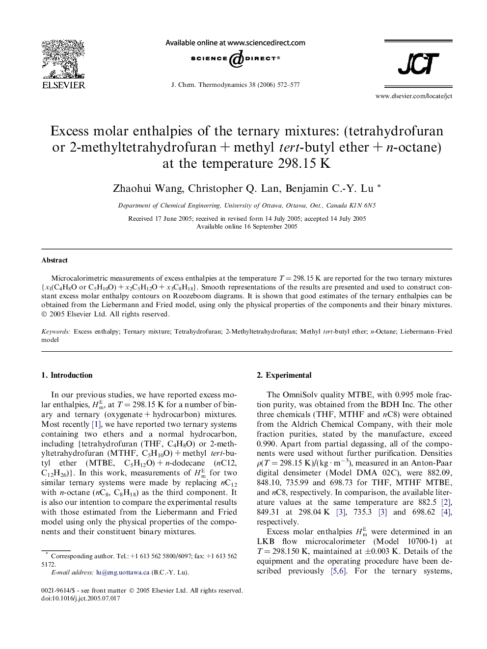 Excess molar enthalpies of the ternary mixtures: (tetrahydrofuran or 2-methyltetrahydrofuran + methyl tert-butyl ether + n-octane) at the temperature 298.15 K