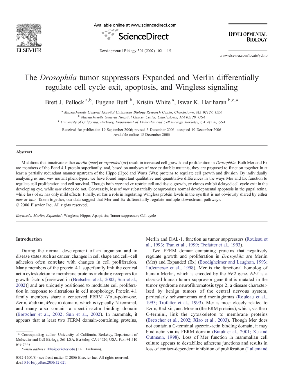 The Drosophila tumor suppressors Expanded and Merlin differentially regulate cell cycle exit, apoptosis, and Wingless signaling